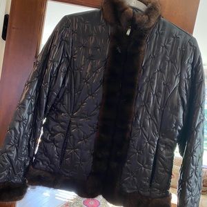 Ellen Tracy Black Leather Jacket with Brown Mink